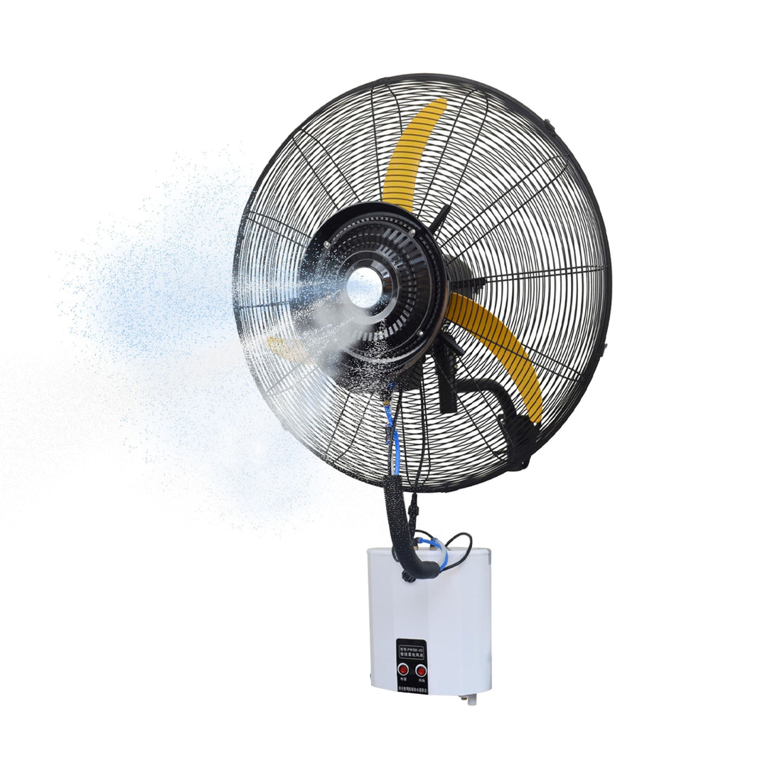 26" BLDC Wall-Mount Mist Fan – 450 Sq. Ft. Coverage, 12L Tank, 1300-9000 M³/Hr Airflow, 4-Speed Control, Yellow & Black, 2-Year Warranty