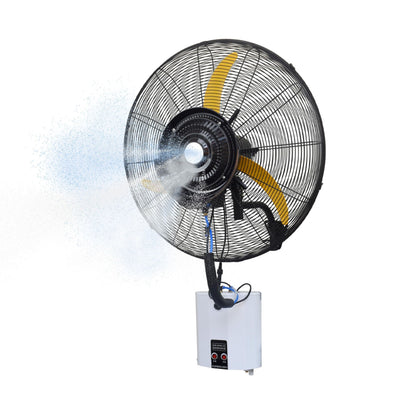 26" BLDC Wall-Mount Mist Fan – 450 Sq. Ft. Coverage, 12L Tank, 1300-9000 M³/Hr Airflow, 4-Speed Control, Yellow &amp; Black, 2-Year Warranty