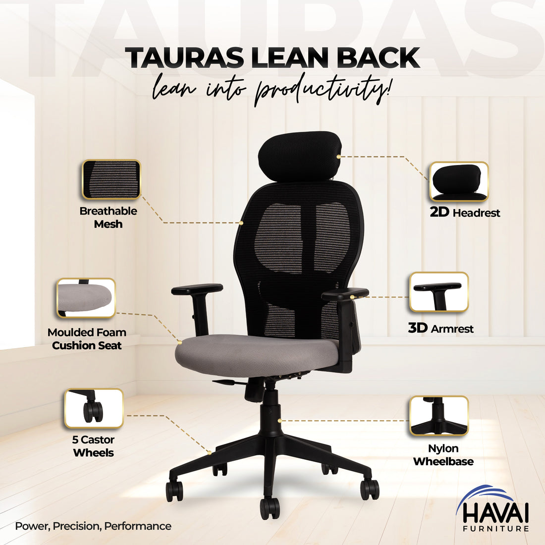 HAVAI Tauras Lean Back High Back Mesh Ergonomic Office Chair | Single Lock Synchro Tilt | Nylon Base | Class 4 Gaslift | 1D Adjustable Armrests | 50mm Casters | Premium Mesh Back &amp; Fabric Seat