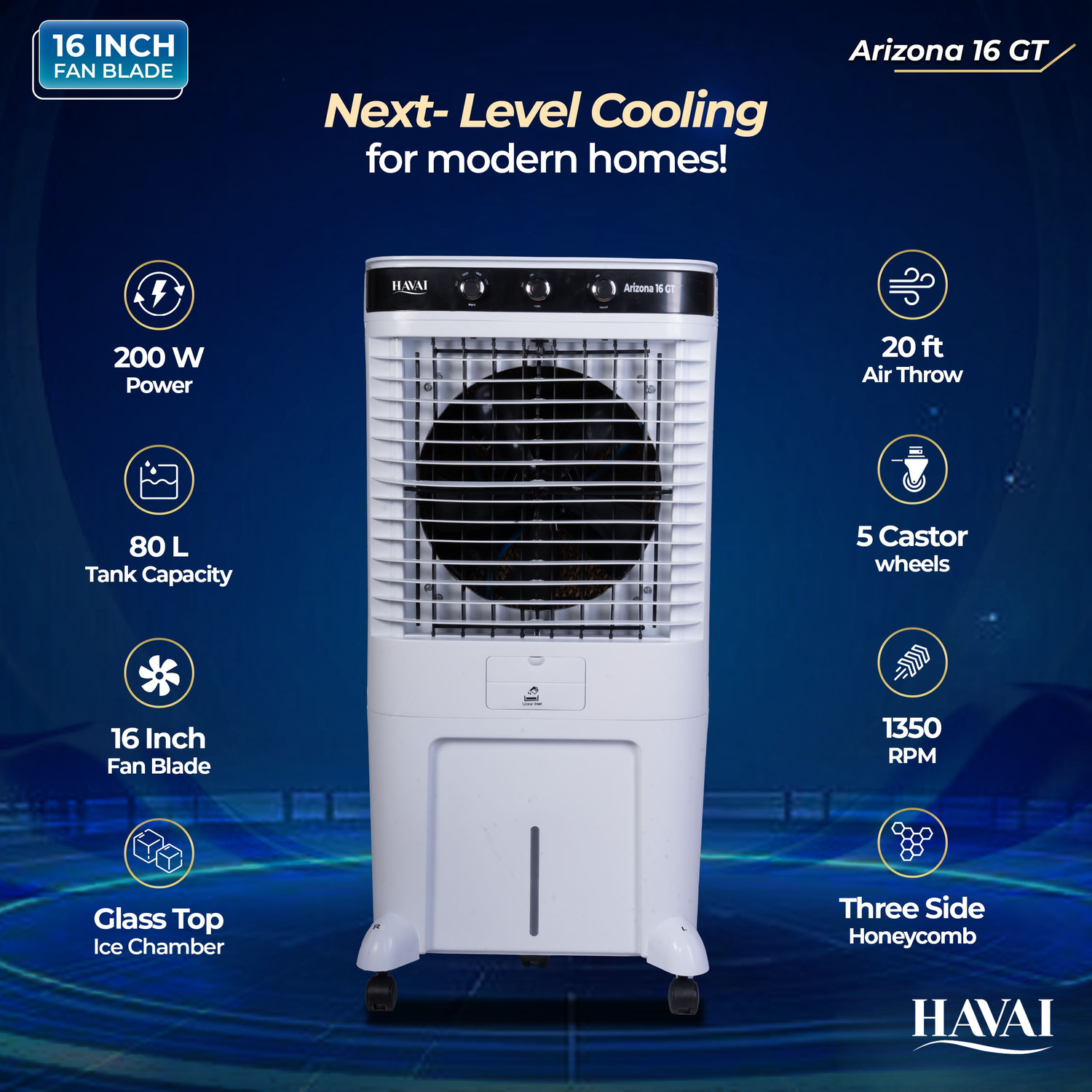 HAVAI Arizona 16 GT Desert Air Cooler | 80L Tank | 16” Aerodynamic Fan | 3-Side Thick Honeycomb | Glass Top with Ice Chamber | Smart Dust-Filter Inlet | 5 Castors | 3300 m³/hr | 1 Year On-Site Warranty