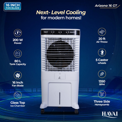 HAVAI Arizona 16 GT Desert Air Cooler | 80L Tank | 16” Aerodynamic Fan | 3-Side Thick Honeycomb | Glass Top with Ice Chamber | Smart Dust-Filter Inlet | 5 Castors | 3300 m³/hr | 1 Year On-Site Warranty