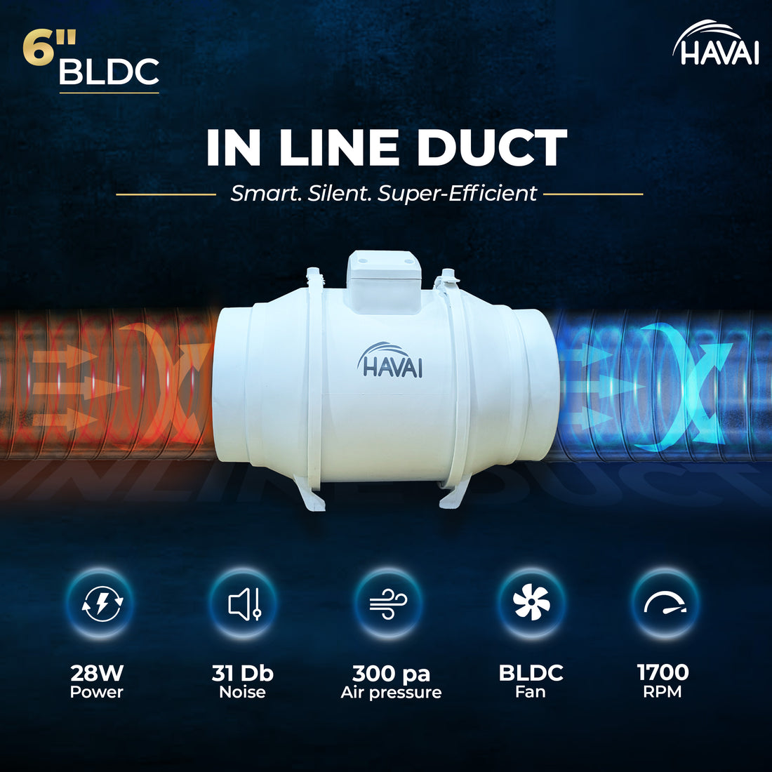 Havai BLDC Inline Duct Fan 6 Inch | 540 CMH Airflow | Low Noise Exhaust Fan for Ventilation &amp; Cooling