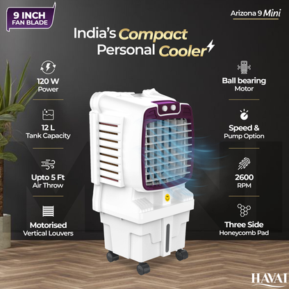HAVAI Arizona 9 Mini Personal Air Cooler | India’s First 9-Inch Blade Cooler | 2600 RPM | 5 Ft Air Throw | 3-Side Honeycomb | 12L Tank | Motorised Louvers | 120W | Ideal for 50 Sq Ft