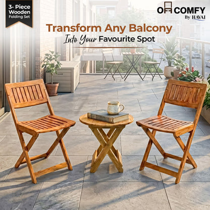 HAVAI Teakwood Foldable Balcony Furniture Set | 2 Chairs &amp; 1 Table | Premium Solid Teak Wood Outdoor Patio Set | Garden, Balcony, Terrace &amp; Cafe Furniture | Pre-Assembled Natural Wood Finish (BROWN)