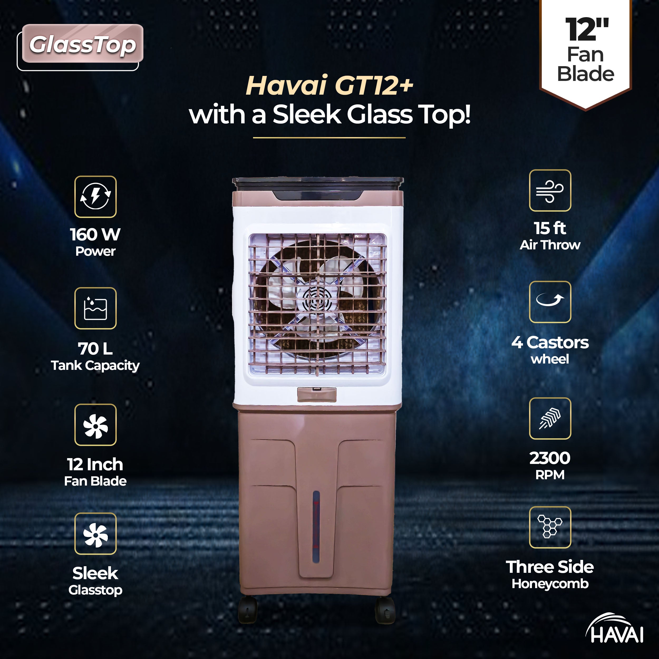 HAVAI Premium Glass Top GT 12+ | 12&quot; Fan Blade | 70 Litre Tank Capacity | 160W Power | 15ft Air Throw | 3-Side Honeycomb Cooling | Sleek Glass Top Design | 4 Castor Wheels