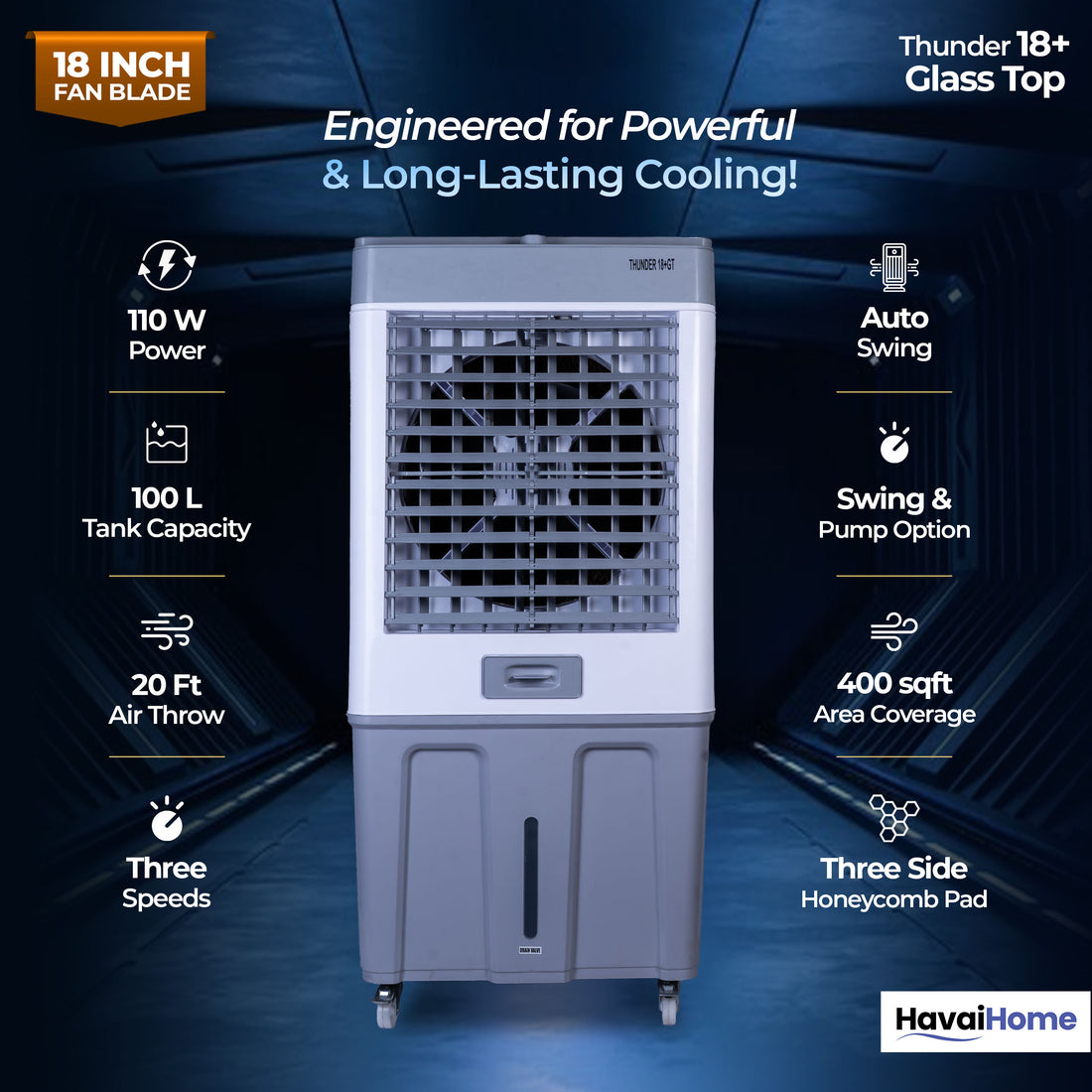 HAVAI Thunder 18+ GT Desert Cooler | 18” Aluminium Blade | 100L Tank | 3-Side Honeycomb Pads | 20 Ft Air Throw | Heavy-Duty 110mm Motor | Auto Swing | White &amp; Grey
