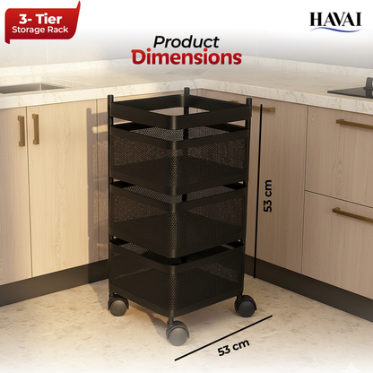 Havai 3 Tier Square Rolling Kitchen Storage Rack | Sturdy Metal Frame | Space-Saving Utility Shelf – Black