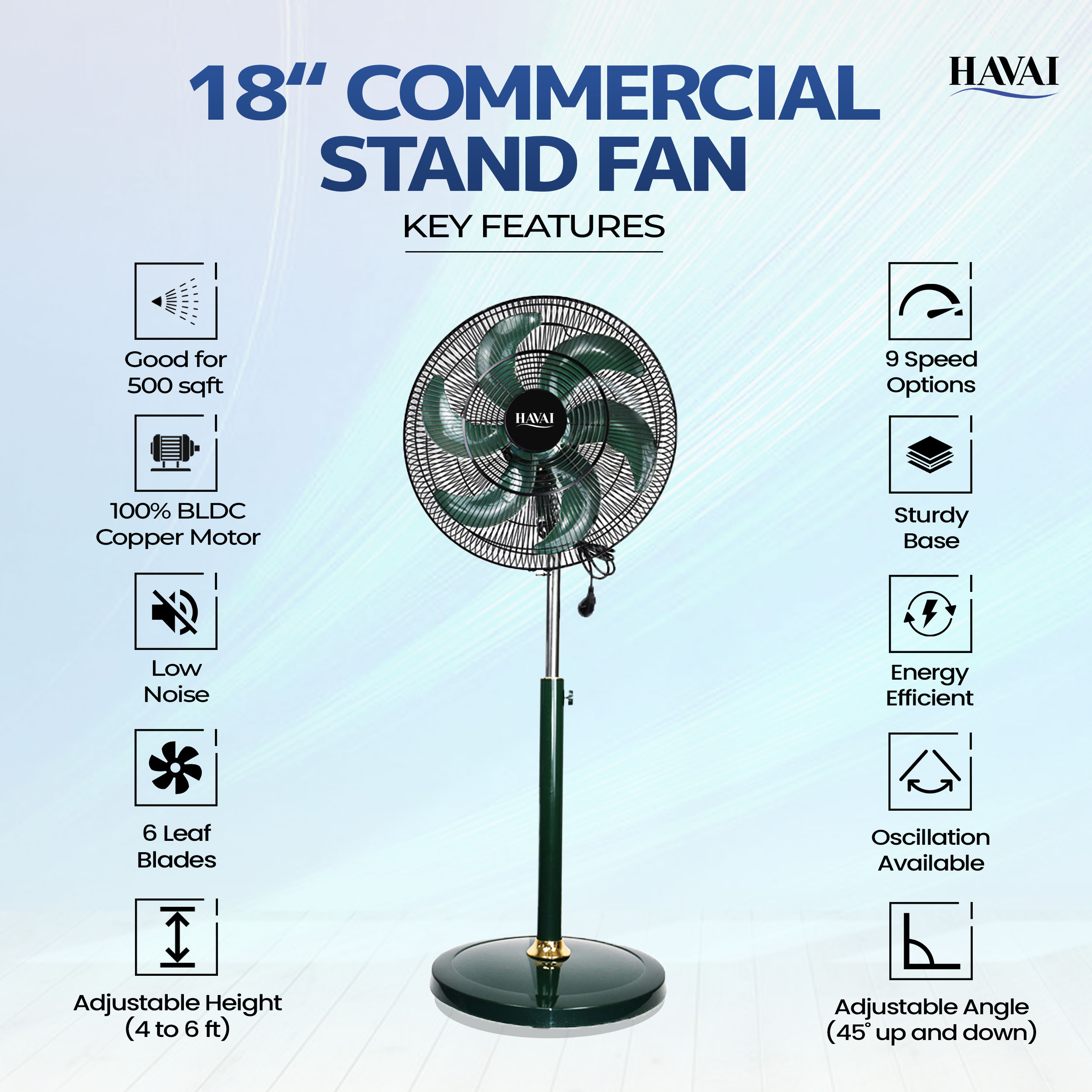 HAVAI BLDC 18" Pedestal Fan, Soundless, 50% Savings On Electricity, High Velocity,For Commercial And Residential Use, Assembly Included , Green - Without Remote
