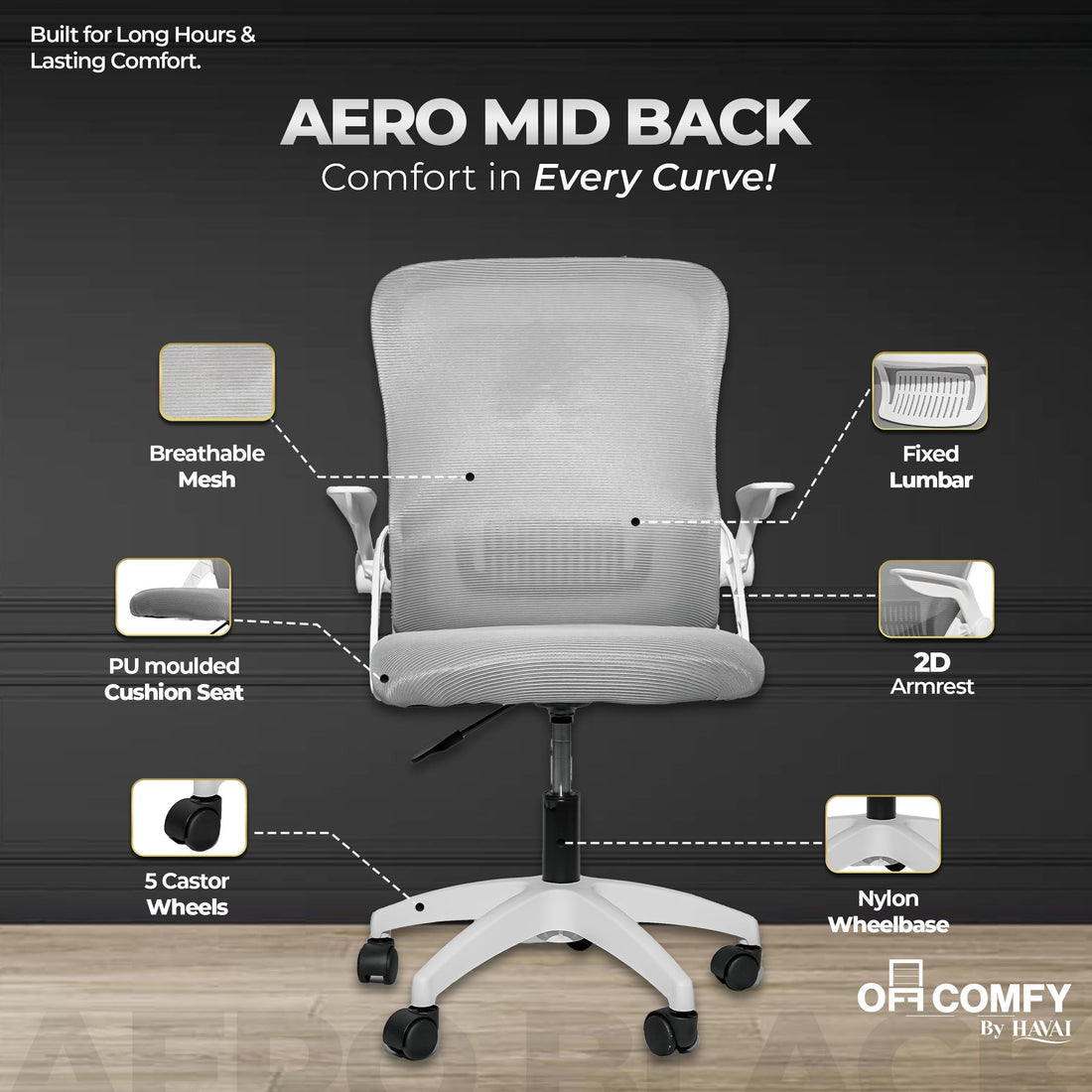 HAVAI Aero Grey Ergonomic Office Chair | Premium Net Cloth Fabric | Reclining &amp; Folding Back | 60D Recycled Foam + 24D Virgin Cotton | Nylon Armrests | Class 2 Gas Lift | 310 Nylon Base | 2-Inch Smooth Wheels | Grey