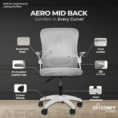 HAVAI Aero Grey Ergonomic Office Chair | Premium Net Cloth Fabric | Reclining &amp; Folding Back | 60D Recycled Foam + 24D Virgin Cotton | Nylon Armrests | Class 2 Gas Lift | 310 Nylon Base | 2-Inch Smooth Wheels | Grey