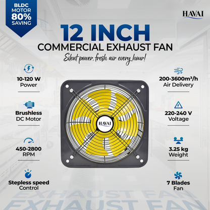 HAVAI BLDC Exhaust Fan | Power : 10W - 120W | Speed: 450-2800 RPM | Air Volume: 200-3600 m³/h | 1-Year Warranty | Stepless Speed Control | Metal Frame Included | Soundless (12-Inch Blade)