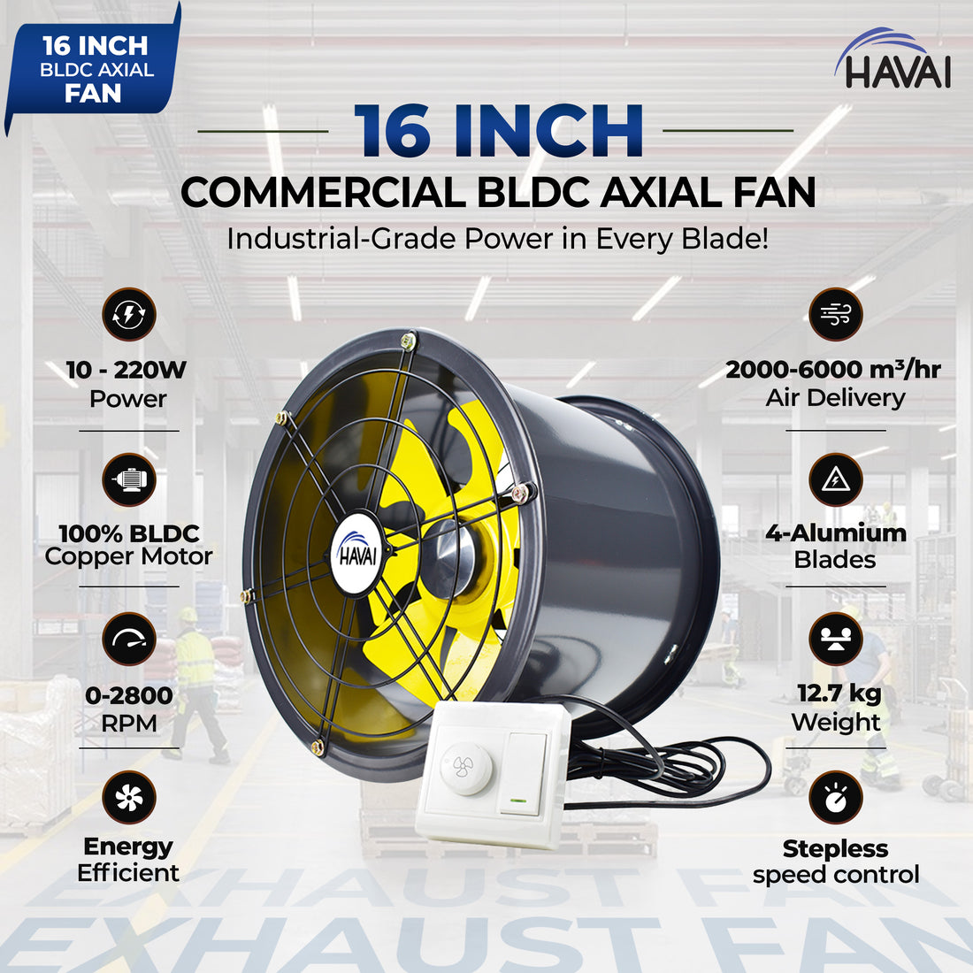 HAVAI 16-Inch Commercial BLDC Axial Fan | Stepless Speed Control | Low Noise | Aluminium Blade | 2000–6000 m³/h Air Volume | 40–80% Energy Saving | No Winding Burnouts | 2-Year BLDC Motor Warranty