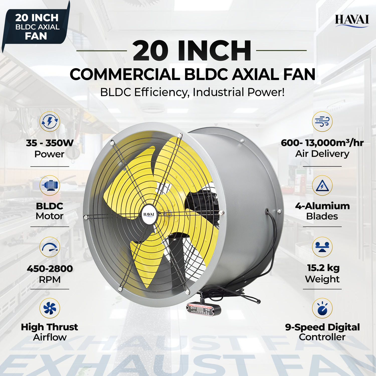 Havai 20-Inch Heavy Duty BLDC Axial Fan | Maintenance-Free BLDC Motor | 4-Leaf 2mm Aluminium Blades | 9-Speed Digital Controller | 600–13,000 m³/hr | 35W–350W | 2-Year Warranty