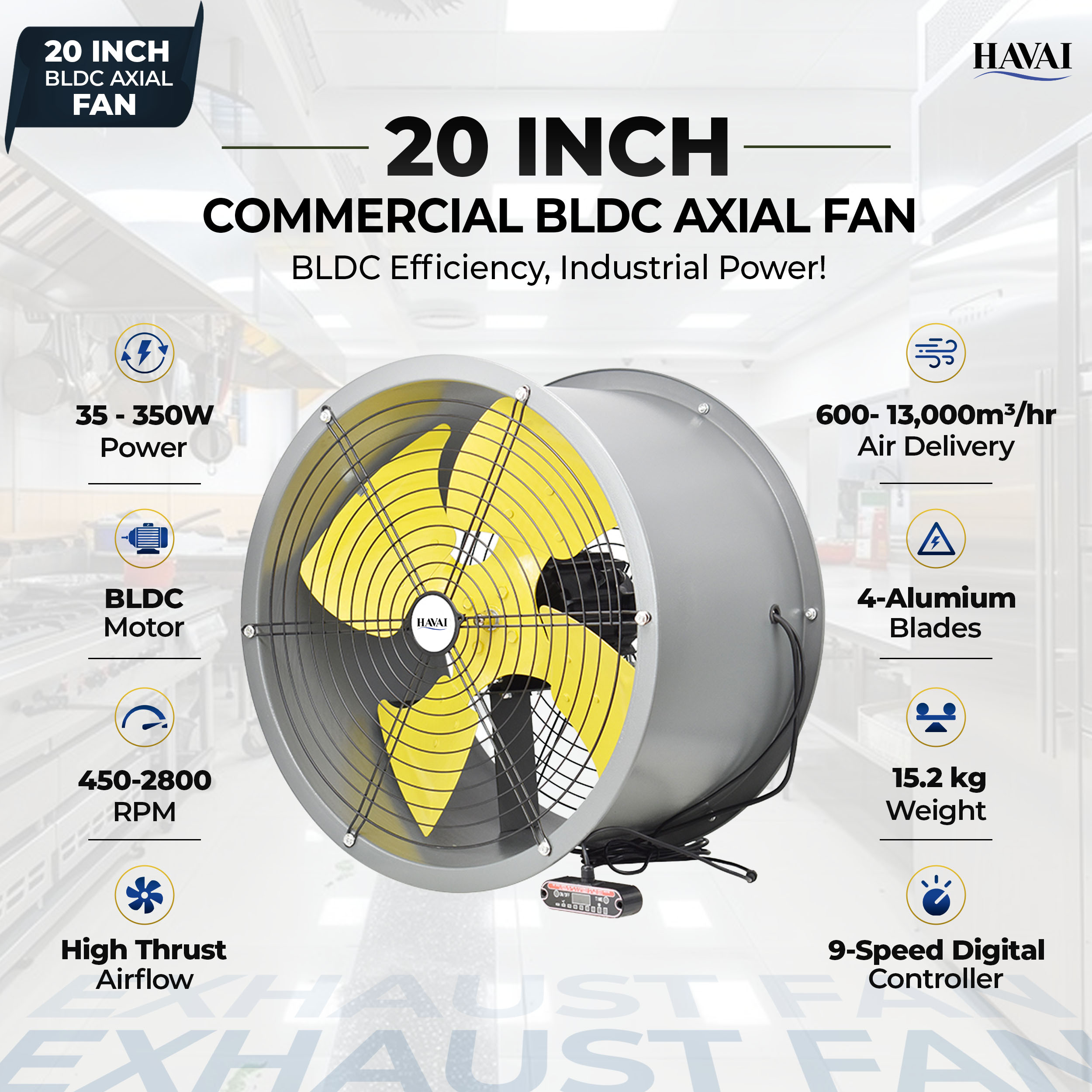 Havai 20-Inch Heavy Duty BLDC Axial Fan | Maintenance-Free BLDC Motor | 4-Leaf 2mm Aluminium Blades | 9-Speed Digital Controller | 600–13,000 m³/hr | 35W–350W | 2-Year Warranty