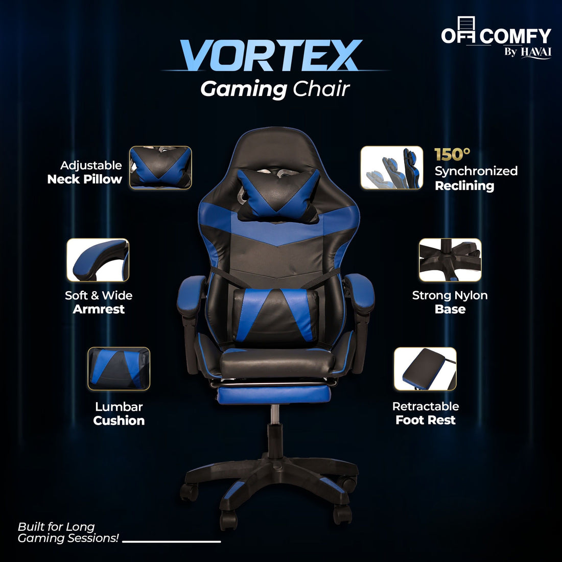 HAVAI Vortex BLUE Gaming Chair | Ergonomic High Back Computer Chair with Linkage Armrests | Reclining &amp; Folding Backrest | Premium 0.55mm PVC Upholstery | High Density Foam Cushion | Class 1 Gas Lift | 320mm Nylon Base | Heavy Duty Wheels | (Blue &amp; Black)