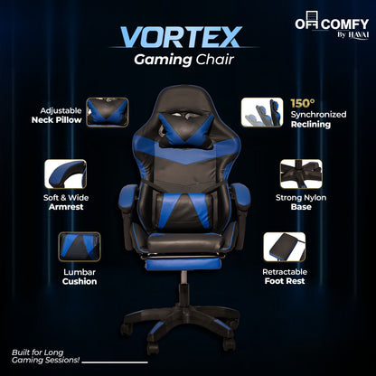 HAVAI Vortex BLUE Gaming Chair | Ergonomic High Back Computer Chair with Linkage Armrests | Reclining &amp; Folding Backrest | Premium 0.55mm PVC Upholstery | High Density Foam Cushion | Class 1 Gas Lift | 320mm Nylon Base | Heavy Duty Wheels | (Blue &amp; Black)