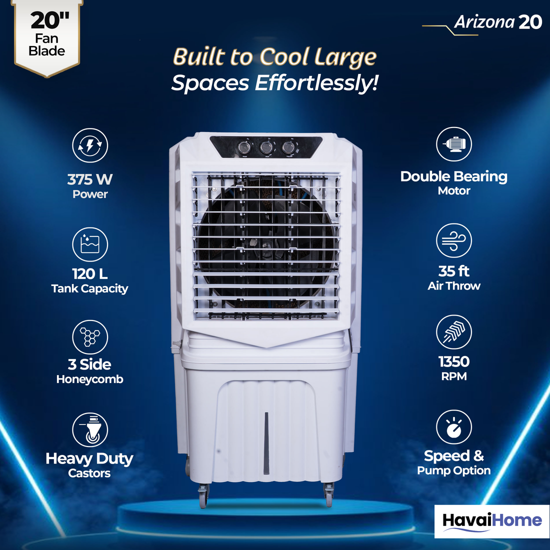 HAVAI Arizona 20 Desert Air Cooler | 120L Water Tank | 20-Inch Metal Blade | 4800 m³/hr Air Delivery | 35 Ft Air Throw | Double Bearing Low Noise Motor | Thick Honeycomb Pads | Covers up to 500 Sq Ft | 1 Year On-Site Warranty