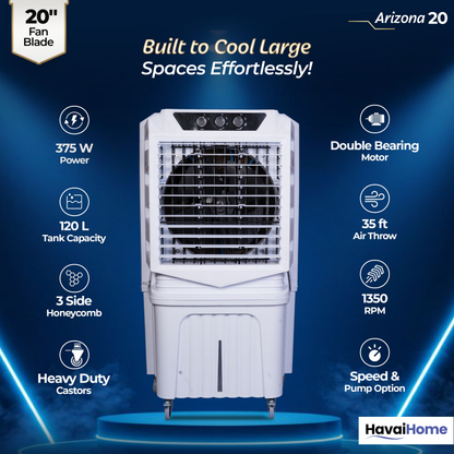 HAVAI Arizona 20 Desert Air Cooler | 120L Water Tank | 20-Inch Metal Blade | 4800 m³/hr Air Delivery | 35 Ft Air Throw | Double Bearing Low Noise Motor | Thick Honeycomb Pads | Covers up to 500 Sq Ft | 1 Year On-Site Warranty