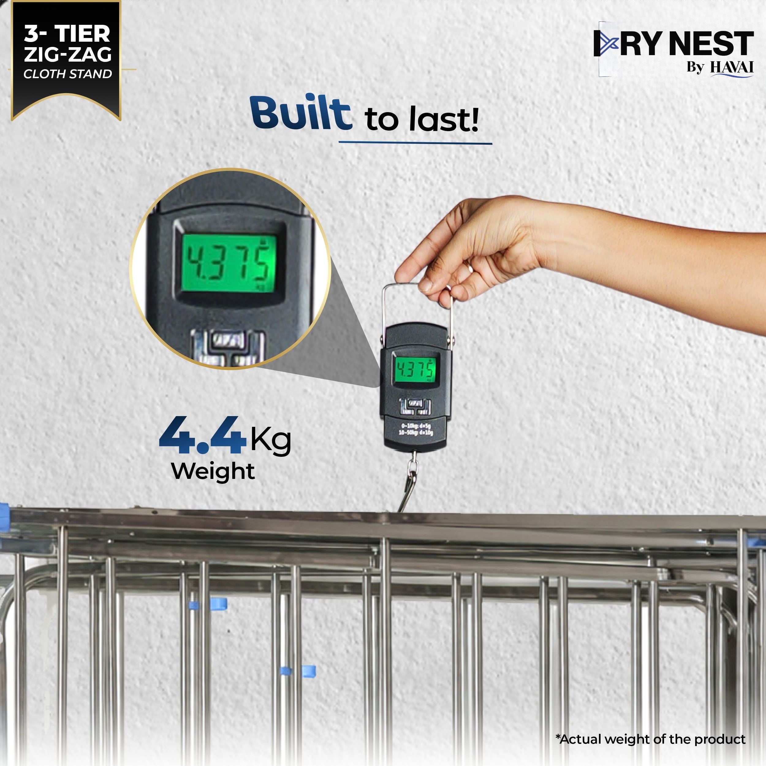 HAVAI DryNest 4.5 KG Heavy Duty Clothes Drying Stand | 40 KG Load Capacity | 3-Tier Zig-Zag Foldable Stainless Steel Airer | Rust Resistant Laundry Rack for Balcony, Indoor &amp; Outdoor Use