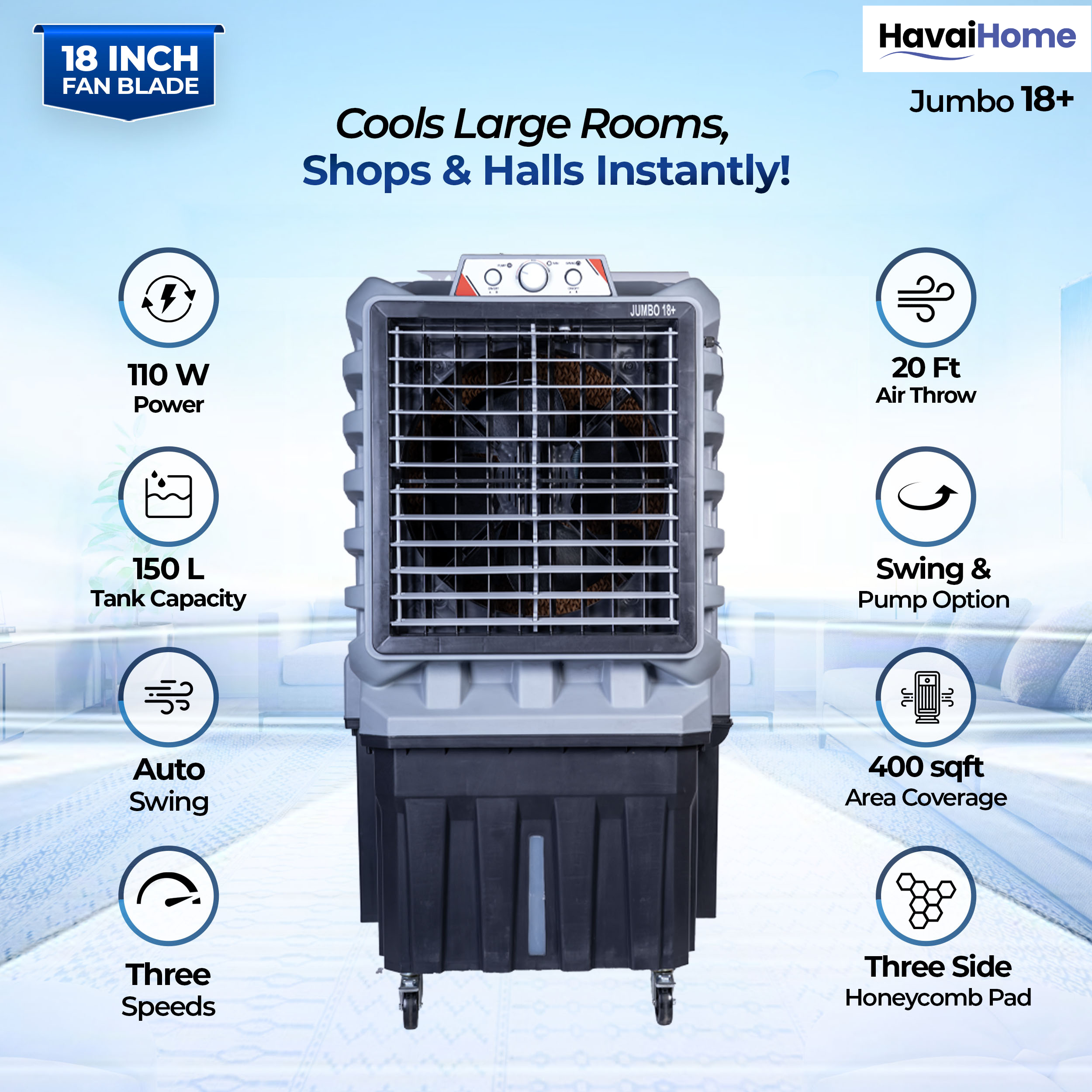 HAVAI Jumbo 18+ Massey Desert Cooler | 150L | 18-Inch Fan | Heavy-Duty 41mm Motor | 3-Side Honeycomb Pads | Auto Swing | Castor Wheels | 230V, 280W | White &amp; Grey