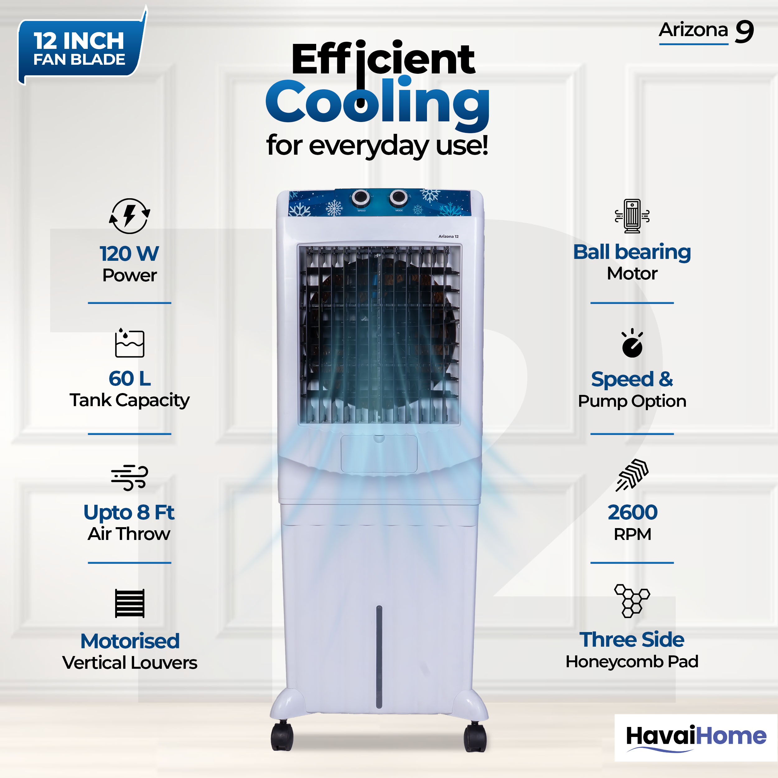HAVAI Arizona 12 Personal Air Cooler | 12-Inch Fan | 60L Water Tank | Air Throw up to 8 Feet | 2000 m³/hr Air Delivery | 3-Side Honeycomb Pads | Motorised Louvers | Energy Efficient 120W | White
