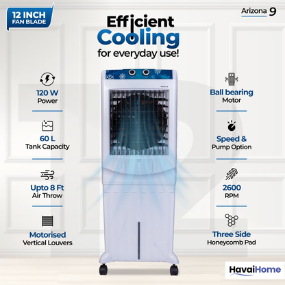 HAVAI Arizona 12 Personal Air Cooler | 12-Inch Fan | 60L Water Tank | Air Throw up to 8 Feet | 2000 m³/hr Air Delivery | 3-Side Honeycomb Pads | Motorised Louvers | Energy Efficient 120W | White