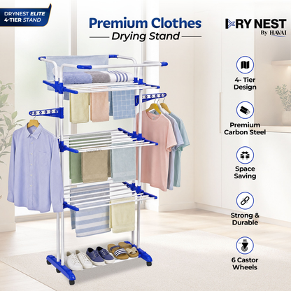 HAVAI Premium 4 Tier Stainless Steel Foldable Clothes Drying Stand with 6 Wheels | Heavy Duty Laundry Drying Rack for Indoor &amp; Outdoor Use | Rust Resistant | Space Saving Design
