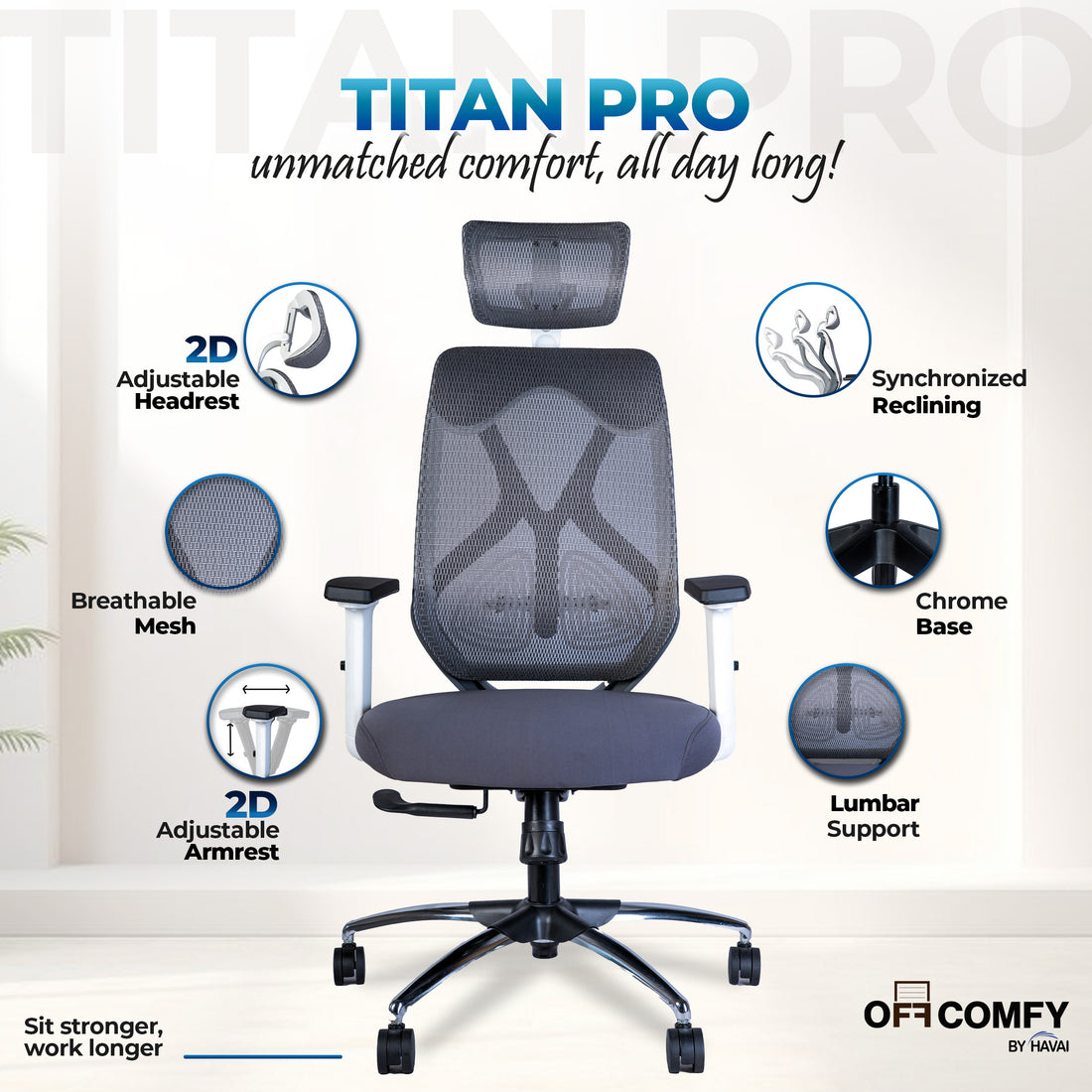 Off Comfy by HAVAI - Titan Pro Grey Chair |  Korean Mesh | Headrest | 2D Arms | Lumbar |  Seat Slider | Gaslift | Chrome Base | 60mm Castors