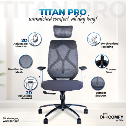 Off Comfy by HAVAI - Titan Pro Grey Chair |  Korean Mesh | Headrest | 2D Arms | Lumbar |  Seat Slider | Gaslift | Chrome Base | 60mm Castors