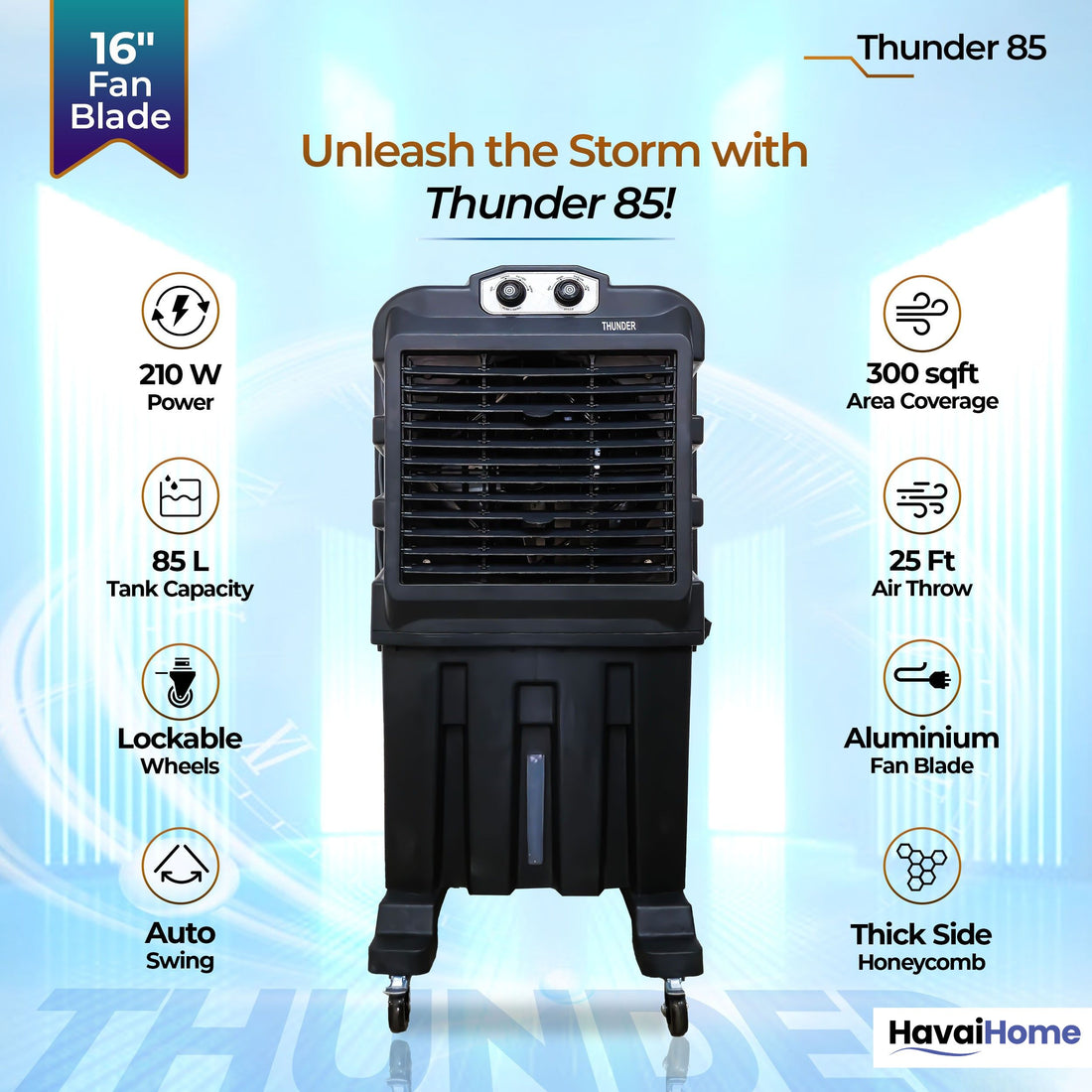 Thunder 85 Desert Cooler – 85L, 16-Inch Aluminum Blade, Single Side Thick Honeycomb, 300 sq. ft. Coverage, Powerful Air Throw &amp; Delivery