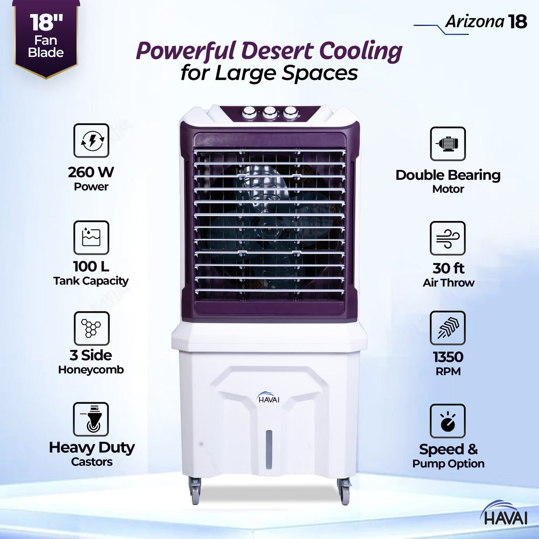 HAVAI Arizona 18 High Airflow Desert Cooler | 18” Metal Fan | 100L Tank | 3500 m³/hr Air Delivery | 30 ft Air Throw | 3-Side Thick Honeycomb Pads | Double Bearing Low-Noise Motor | Castor Wheels | 1-Year On-Site Warranty
