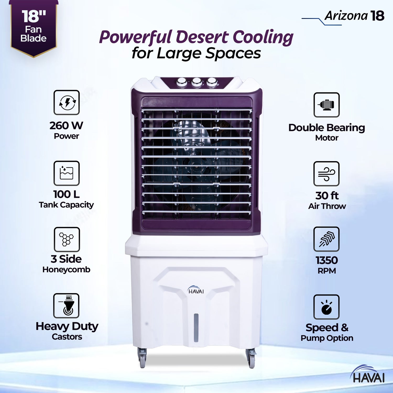 HAVAI Arizona 18 High Airflow Desert Cooler | 18” Metal Fan | 100L Tank | 3500 m³/hr Air Delivery | 30 ft Air Throw | 3-Side Thick Honeycomb Pads | Double Bearing Low-Noise Motor | Castor Wheels | 1-Year On-Site Warranty