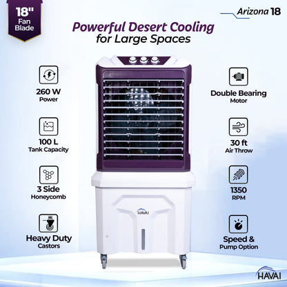 HAVAI Arizona 18 High Airflow Desert Cooler | 18” Metal Fan | 100L Tank | 3500 m³/hr Air Delivery | 30 ft Air Throw | 3-Side Thick Honeycomb Pads | Double Bearing Low-Noise Motor | Castor Wheels | 1-Year On-Site Warranty
