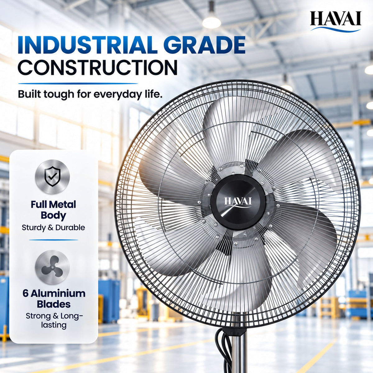 Havai 18 Inch BLDC Commercial Pedestal Fan with Remote &amp; 6 Aluminium Blades Installation Included, 2-Year Warranty, 8–95W Power, 9 Speeds, Timer, Automatic Oscillation &amp; Fingerproof Safety Grill.