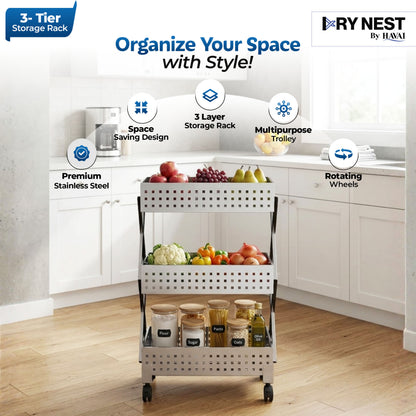 HAVAI Stainless Steel Multipurpose Storage Trolley with Wheels (Chrome, 3)