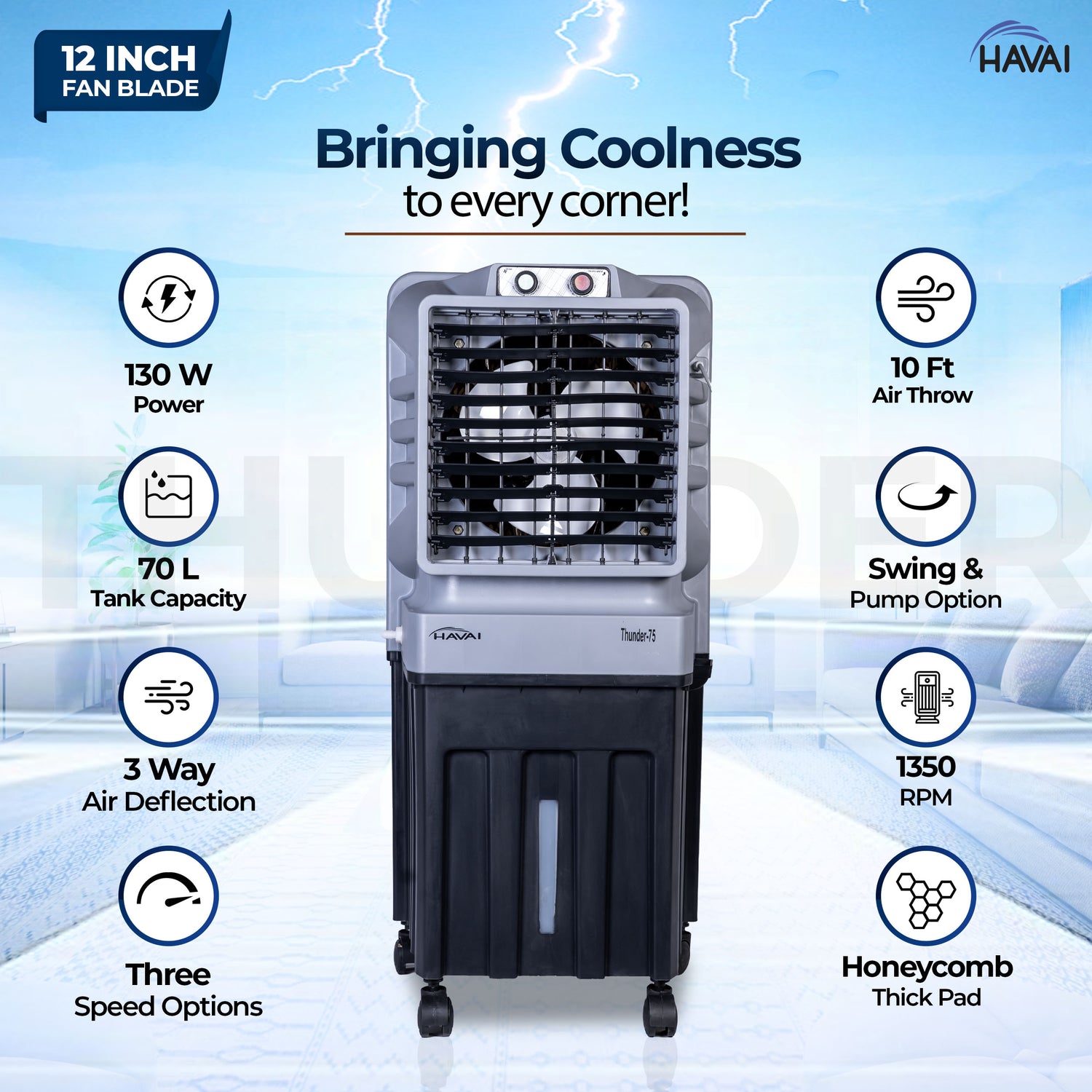 HAVAI Thunder-75 Tower Air Cooler | 70L Tank | 12″ Blade | Ideal for 150 sq ft Rooms | 130W Power | 10 ft Air Throw | 1350 RPM | Auto-Louver | 3-Speed | 1-Year On-Site Motor Warranty (Black &amp; Grey)