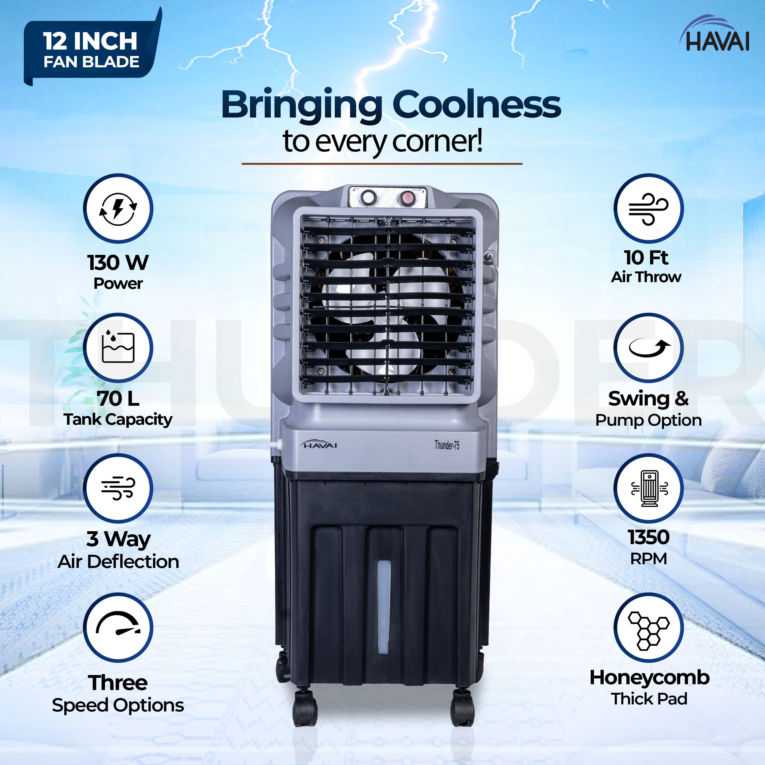 HAVAI Thunder-75 Tower Air Cooler | 70L Tank | 12″ Blade | Ideal for 150 sq ft Rooms | 130W Power | 10 ft Air Throw | 1350 RPM | Auto-Louver | 3-Speed | 1-Year On-Site Motor Warranty (Black &amp; Grey)