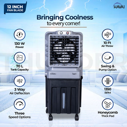 HAVAI Thunder-75 Tower Air Cooler | 70L Tank | 12″ Blade | Ideal for 150 sq ft Rooms | 130W Power | 10 ft Air Throw | 1350 RPM | Auto-Louver | 3-Speed | 1-Year On-Site Motor Warranty (Black &amp; Grey)