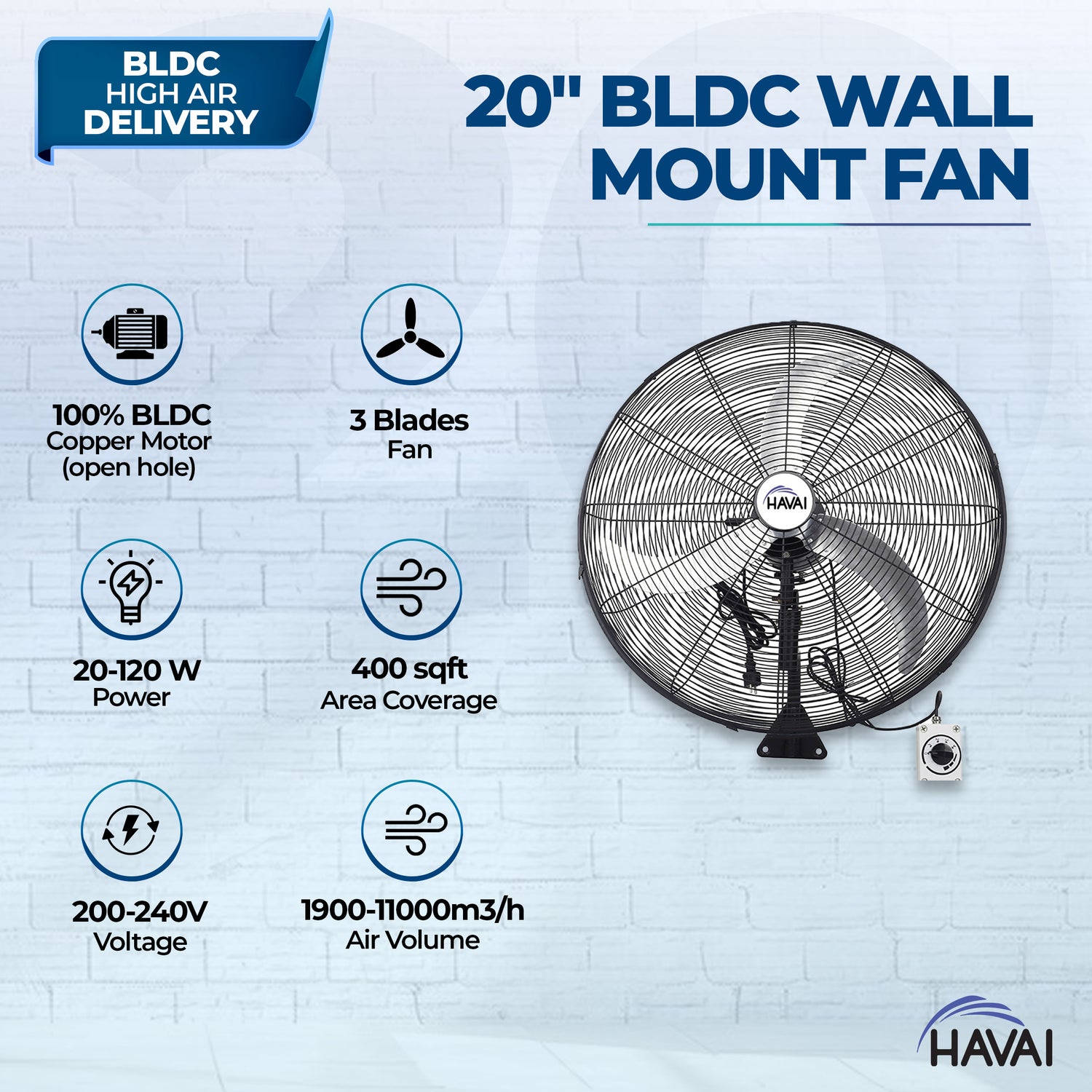 HAVAI 20&quot; BLDC High-Speed Wall-Mount Fan – 3-Blade Design, Energy Efficient (20W-120W), 700-1400 RPM, 11,000 M³/Hr Airflow, 45-Foot Air Throw, 4-Speed Control, 2-Year Warranty