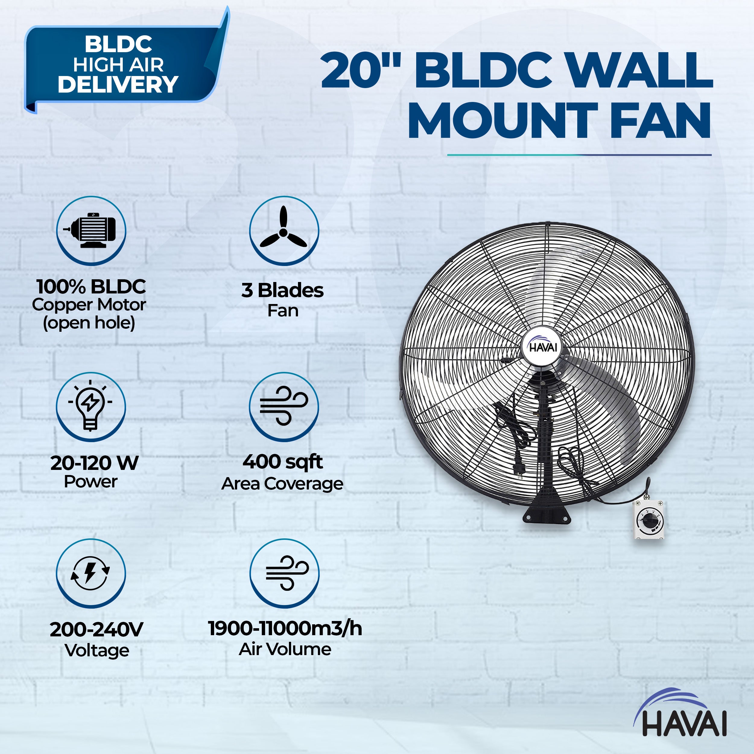 HAVAI 20&quot; BLDC High-Speed Wall-Mount Fan – 3-Blade Design, Energy Efficient (20W-120W), 700-1400 RPM, 11,000 M³/Hr Airflow, 45-Foot Air Throw, 4-Speed Control, 2-Year Warranty