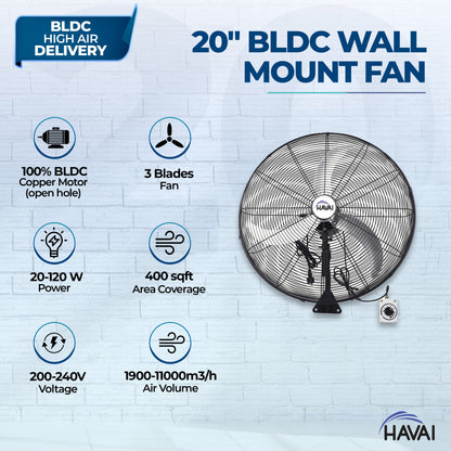 HAVAI 20&quot; BLDC High-Speed Wall-Mount Fan – 3-Blade Design, Energy Efficient (20W-120W), 700-1400 RPM, 11,000 M³/Hr Airflow, 45-Foot Air Throw, 4-Speed Control, 2-Year Warranty