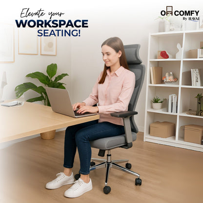 HAVAI Pulse High Back Ergonomic Mesh Office Chair |  Multi-Lock Tilt Mechanism | Chrome Base| Breathable Mesh Back | Fixed Headrest (Grey)