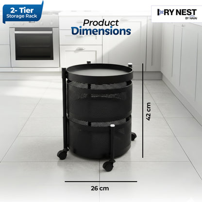 HAVAI 2 Tier Round Rolling Kitchen Storage Rack | Sturdy Metal Frame| Space-Saving Utility Shelf – Black