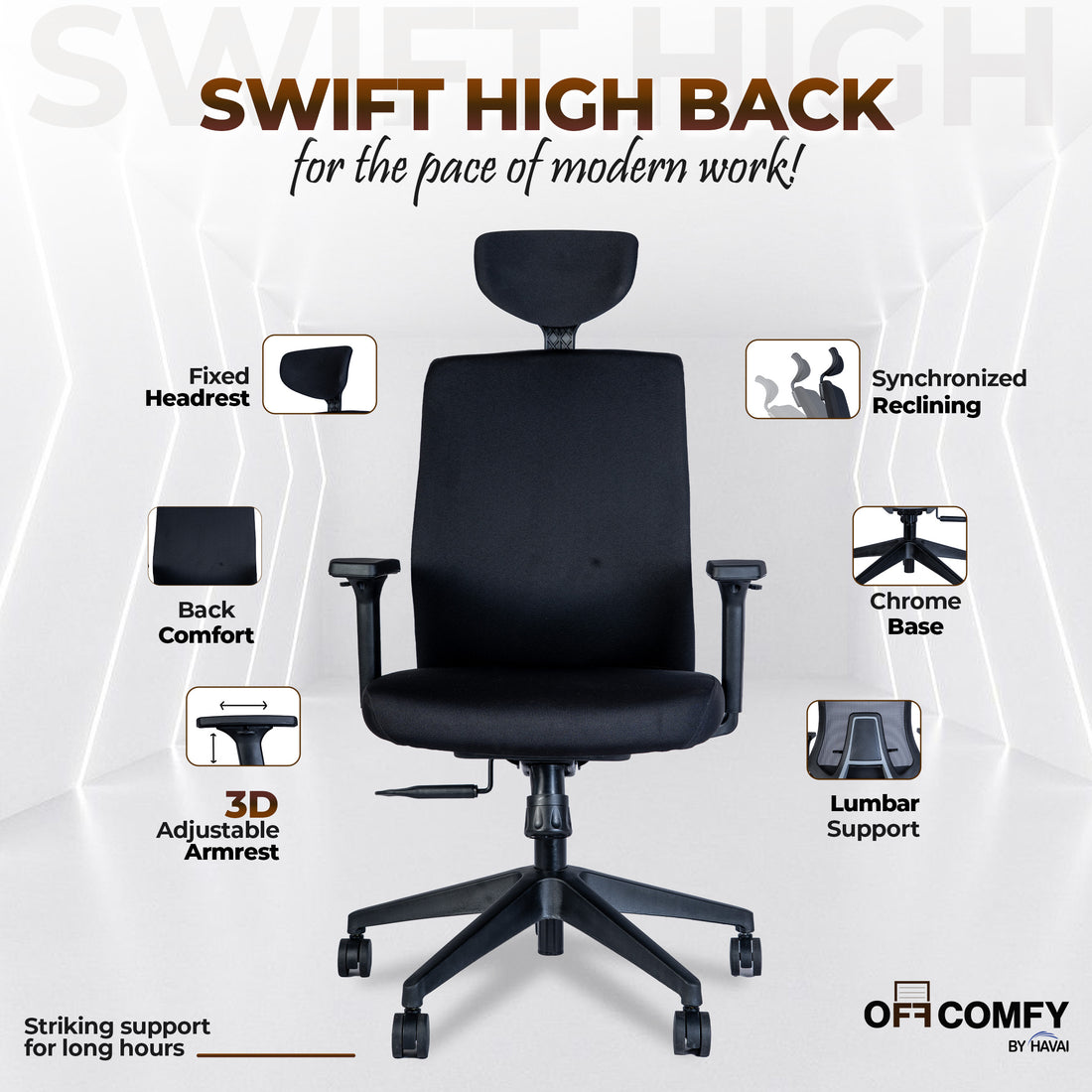 Off-Comfy by HAVAI Swift High Back Ergonomic Office Chair | Fixed Headrest | 3D Adjustable Armrest | Lumbar Support | Synchronized Recline | Chrome Base | Work from Home &amp; Office Chair