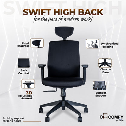 Off-Comfy by HAVAI Swift High Back Ergonomic Office Chair | Fixed Headrest | 3D Adjustable Armrest | Lumbar Support | Synchronized Recline | Chrome Base | Work from Home &amp; Office Chair