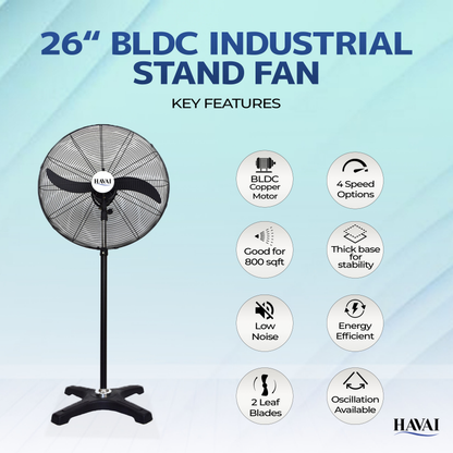 HAVAI BLDC Pedestal Fan 26 inch, 50% Savings on Electricity, High Velocity, Heavy Duty Metal for Industrial, Commercial and Residential Use, Assembly Included