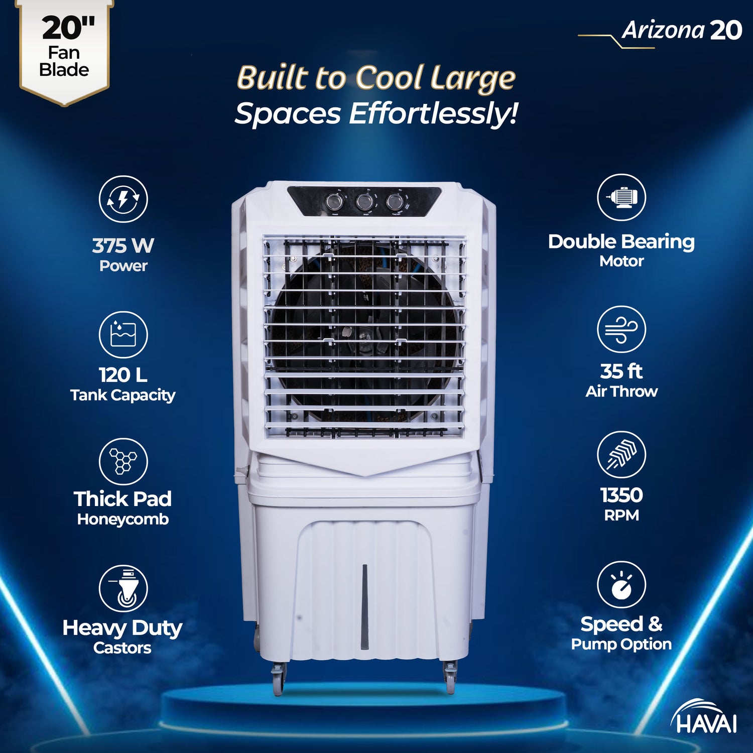 HAVAI Arizona 20 Desert Air Cooler | 120L Water Tank | 20-Inch Metal Blade | 4800 m³/hr Air Delivery | 35 Ft Air Throw | Double Bearing Low Noise Motor | Thick Honeycomb Pads | Covers up to 500 Sq Ft | 1 Year On-Site Warranty