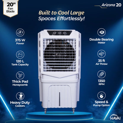 HAVAI Arizona 20 Desert Air Cooler | 120L Water Tank | 20-Inch Metal Blade | 4800 m³/hr Air Delivery | 35 Ft Air Throw | Double Bearing Low Noise Motor | Thick Honeycomb Pads | Covers up to 500 Sq Ft | 1 Year On-Site Warranty