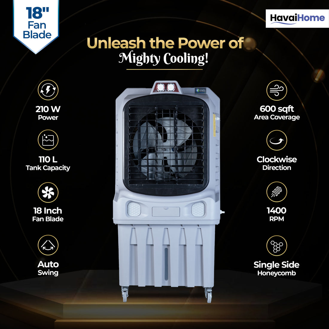 Mighty 18" Air Cooler | 18 Inch Blade | 110L Tank Capacity | 210W Power | 600 Sqft Coverage | Auto Swing | Back Honeycomb | Clockwise | Lockable Wheels