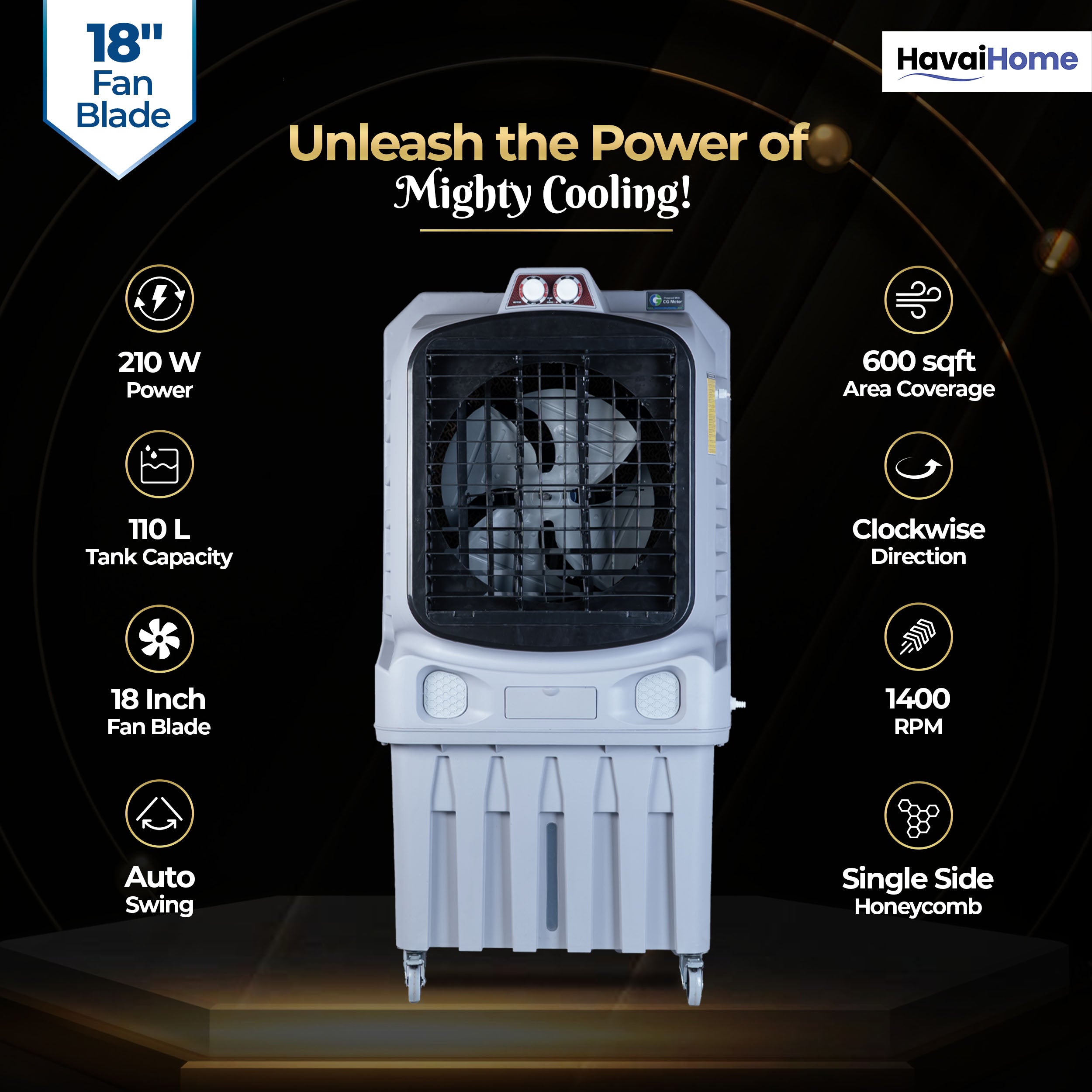 Mighty 18" Air Cooler | 18 Inch Blade | 110L Tank Capacity | 210W Power | 600 Sqft Coverage | Auto Swing | Back Honeycomb | Clockwise | Lockable Wheels